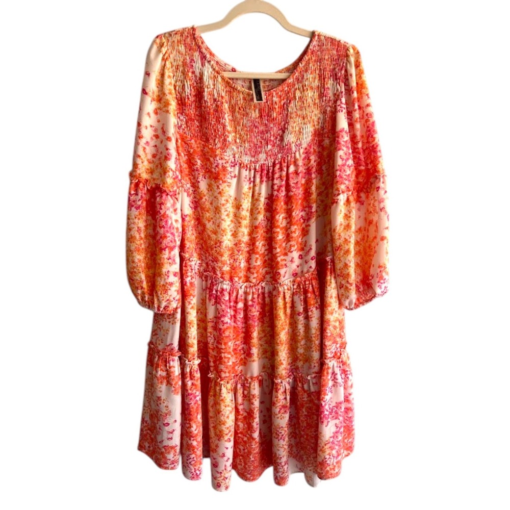 Julian Taylor Floral Smocked Mini Dress Womens L Pink Orange Boho Cottagecore